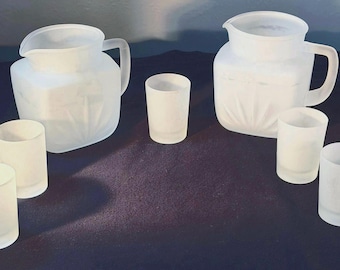 7-delige vintage Federal Glass Frosted Starburst-drankset: 2 kannen, 5 glazen