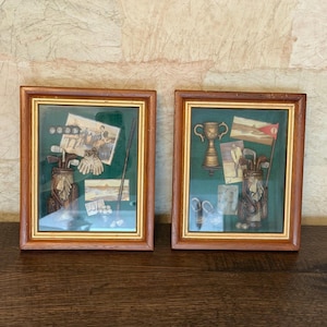 Vintage 3D Golf Shadow Box Wall Art Pair - Miniature Golf Equipment & Historic Photos, Green Velvet Sports Decor For Man Cave Den, Set of 2