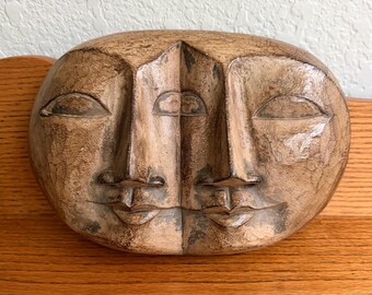 Vintage Indonesian Double Face Wall Mask - 10.5" Hand Carved Wood Duality Sculpture - Bali Tribal Wall Art - Distressed Boho Home Decor