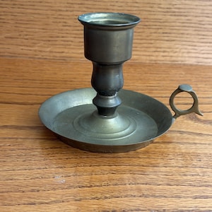 Vintage 5" Solid Brass Chamberstick Candle Holder - Wee Willie Winkie Finger Loop Taper Holder - Made in India - Victorian Style Brass Decor