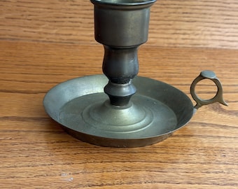 Vintage 5" Solid Brass Chamberstick Candle Holder - Wee Willie Winkie Finger Loop Taper Holder - Made in India - Victorian Style Brass Decor