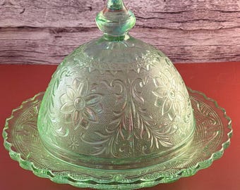 Vintage Chantilly Green Sandwich Covered Butter Dish – Indiana Glass Scalloped Lace Edge Tableware