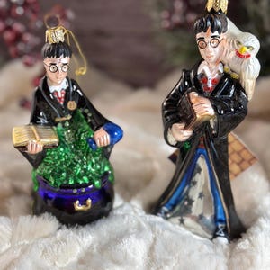 Könnte beinhalten: Zwei Glasornamente, die eine Figur mit dunklem Haar und runder Brille darstellen. Ein Ornament zeigt die Figur mit einem Buch über einem grünen Kessel. Das andere zeigt die Figur mit einem Buch und einer weißen Eule auf der Schulter.