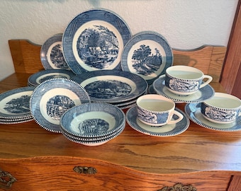 Vintage Currier and Ives Royal China 6-delige couvert, blauw transferware