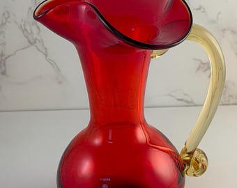 Vintage Mid-Century Ruby Red Crackle Glass Pitcher, Yellow Handle, UV Reactive Cadmium Glow, Rainbow / Kanawha Hand-Blown Small Creamer 5.5"