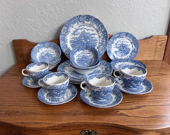 Salem China English Village Blue Transferware - Elección de pieza - Olde Staffordshire Ironstone - Repuestos vintage de la década de 1960