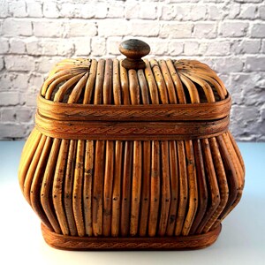 Vintage Handwoven Rattan Canister with Lid | Wooden Knob Boho Lidded Basket | Rustic Decorative Storage Jar Jewelry Match Holder
