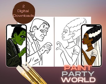 Frankenstein & Bride Paint Party Printables | Spooky Couple Tracers | Halloween Digital Downloads for Sip and Paint Night Parties