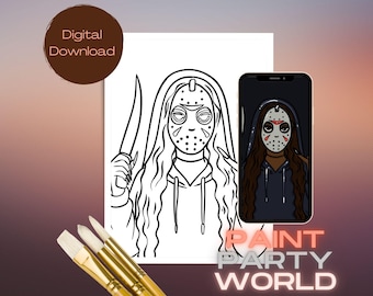 Hockey Mask Girl Paint Party Printable | Spooky Tracer with Knife | Halloween Digital Download Art | Canvas Tracer