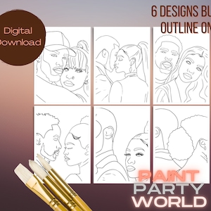 May include: Six black and white line art illustrations of couples. The illustrations are in a grid format. The text "6 DESIGNS BUNDLE OUTLINE ONLY" is at the top of the image. The text "PAINT PARTY WORLD" is at the bottom of the image.