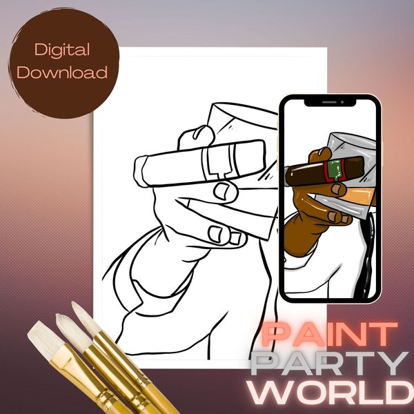 Utskrivbar canvas med dryck / Färdigritad konturcanvas / DIY-canvas / Fest / Målarkit / PNG / målarfest / Vuxna