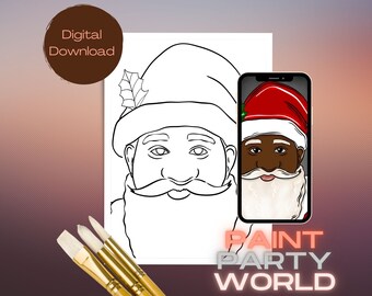 May include: A black and white line drawing of Santa Claus's face. A digital image of a Black Santa Claus is shown on a smartphone screen. The text "PAINT PARTY WORLD" is below the image.