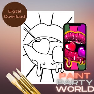 Puede incluir: Impresión artística de descarga digital con un dibujo lineal de labios con cerezas en forma de corazón. Un smartphone muestra una imagen colorida de estilo pop art de labios y corazones. Pinceles en primer plano, y el texto "PAINT PARTY WORLD" en la parte inferior.
