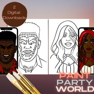 May include: Digital downloads of coloring pages featuring a werewolf and a woman with a red hood. The image includes the text "2 Digital Downloads" and "Paint Party World". Paintbrushes are in the foreground.