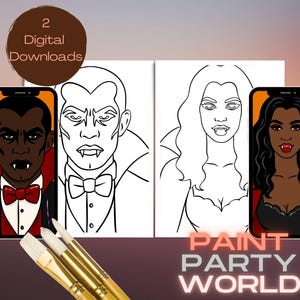 May include: Digital downloads featuring vampire-themed illustrations. The image includes two smartphone screens displaying vampire portraits, alongside a black and white line drawing of a vampire. Paint Party World text is visible. Paintbrushes are in the foreground.