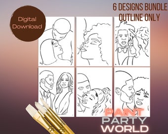 May include: A set of six black and white line art illustrations of couples. The illustrations are in a minimalist style and feature couples in various poses. The text "6 DESIGNS BUNDLE OUTLINE ONLY" is at the top of the image. The text "PAINT PARTY WORLD" is at the bottom of the image.