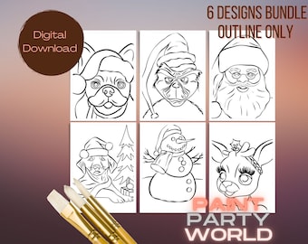 May include: A set of six black and white Christmas-themed coloring pages. The designs include a French bulldog, the Grinch, Santa Claus, a snowman, a reindeer, and a dog. The text "6 DESIGNS BUNDLE OUTLINE ONLY" is at the top of the image. The text "PAINT PARTY WORLD" is at the bottom of the image.