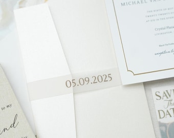 Printed Vellum Belly Bands for Invitations, Custom Belly Bands, Monogram Bands, White or Black Ink, 11"