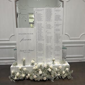 May include: A white wedding seating chart with the words "WELCOME TO OUR forever" and the names of guests. The date "MAY 9, 2025" is also displayed. The chart is decorated with white roses and baby's breath.