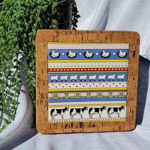 Vintage ceramic farm animal trivet with cork backing Made in Portugal