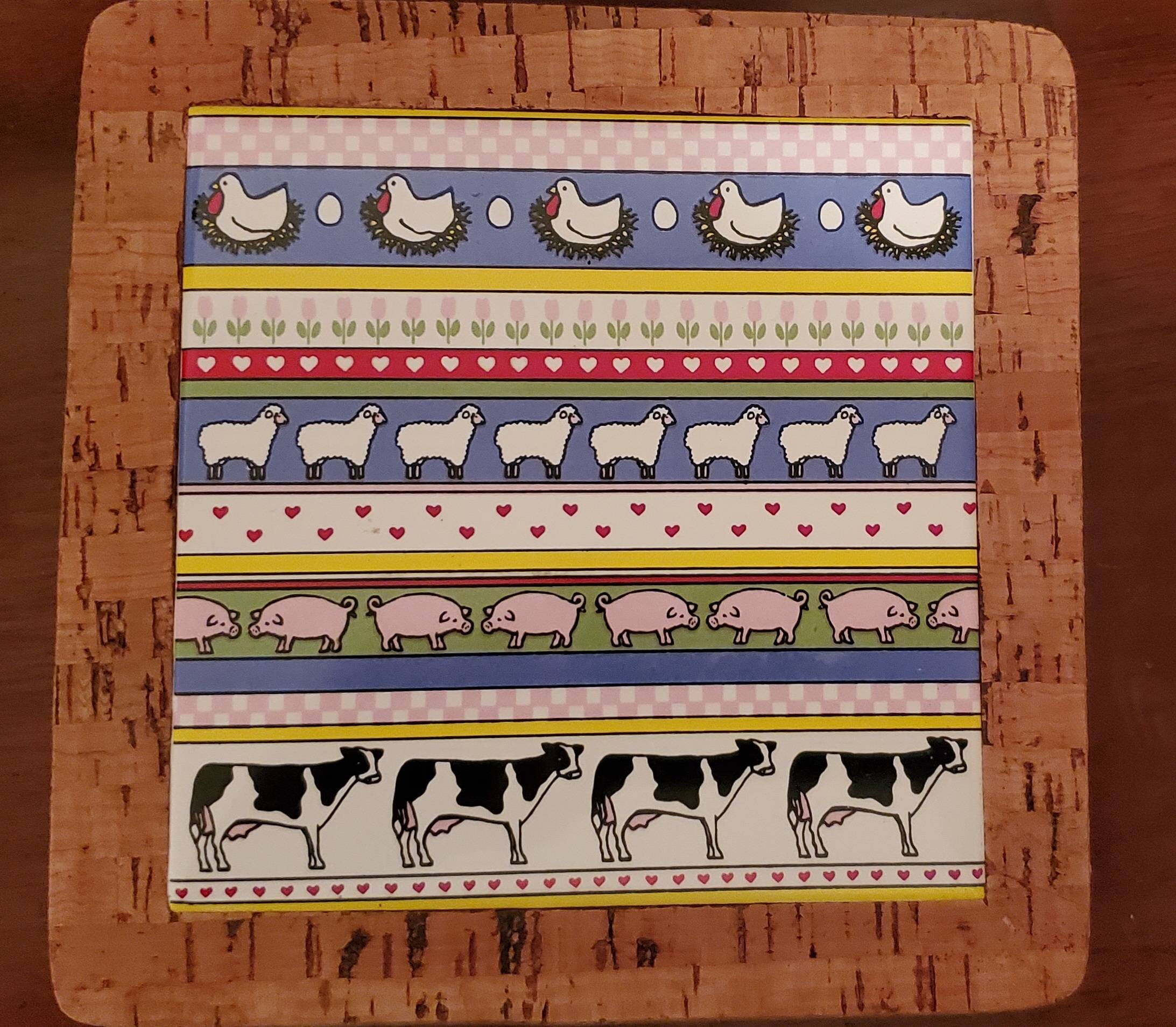 Vintage Ceramic Farm Animal Trivet With Cork Backing Made in Etsy