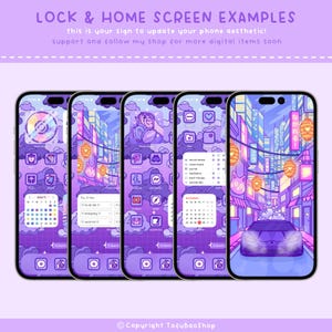 May include: Four smartphones displaying purple aesthetic lock and home screen examples. The screens feature app icons, widgets, and a cityscape design. Text at the top reads "LOCK & HOME SCREEN EXAMPLES" and "this is your sign to update your phone aesthetic!"