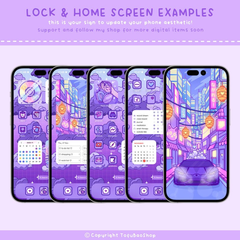 May include: Four smartphones displaying purple aesthetic lock and home screen examples. The screens feature app icons, widgets, and a cityscape design. Text at the top reads "LOCK & HOME SCREEN EXAMPLES" and "this is your sign to update your phone aesthetic!"