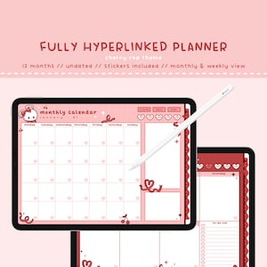 Op de afbeelding: Een digitale planner met een kersrood thema. De planner bevat een maandelijkse kalender, een wekelijkse weergave en een to-dolijst. De planner is volledig hyperlinked en bevat stickers. De planner is niet gedateerd en kan 12 maanden lang worden gebruikt.