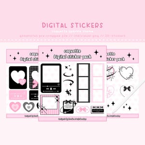 May include: A digital sticker pack with a pink and black color scheme. The stickers feature hearts, stars, film strips, music players, and frames. The text "coquette digital sticker pack" is included in the image.