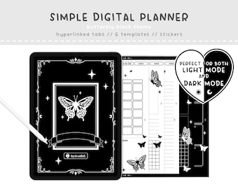 May include: Black and white digital planner with a butterfly theme. The planner has hyperlinked tabs and six templates. The cover features a butterfly with stars and a crescent moon. The text "PERFECT FOR BOTH LIGHT MODE AND DARK MODE" is in a heart shape.