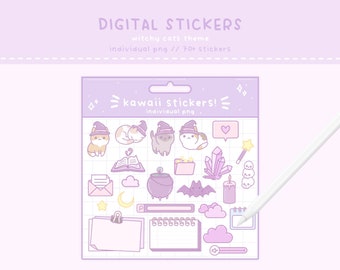 May include: A sheet of digital stickers featuring a kawaii witchy cat theme. The stickers include cats wearing witch hats, a cauldron, a bat, a crystal, a wand, a book, a letter, a cloud, a moon, a star, a candle, a skull, a notepad, a binder, and a computer screen. The text "kawaii stickers!" and "individual png" is included on the sheet.