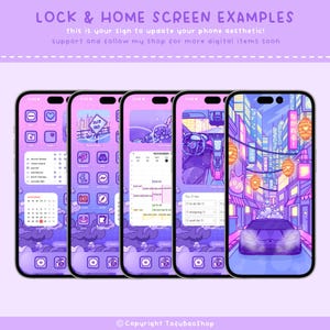 May include: Four smartphones displaying lock and home screen examples with a purple aesthetic. The screens feature custom app icons, widgets, and a cityscape illustration. Text at the top reads "LOCK & HOME SCREEN EXAMPLES".