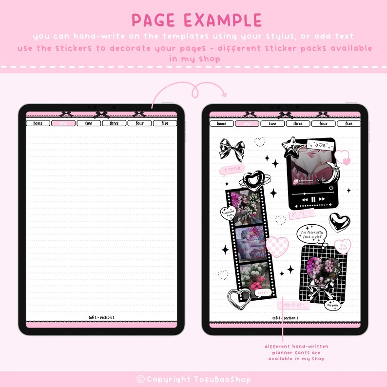 Edgy Coquette Digital Notebook - Hyperlinked Tabs and Sections - White ...