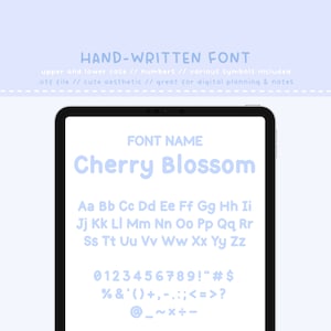 May include: A digital tablet screen displaying a font preview. The font name is "Cherry Blossom" and is a hand-written style font. The font includes upper and lowercase letters, numbers, and symbols.