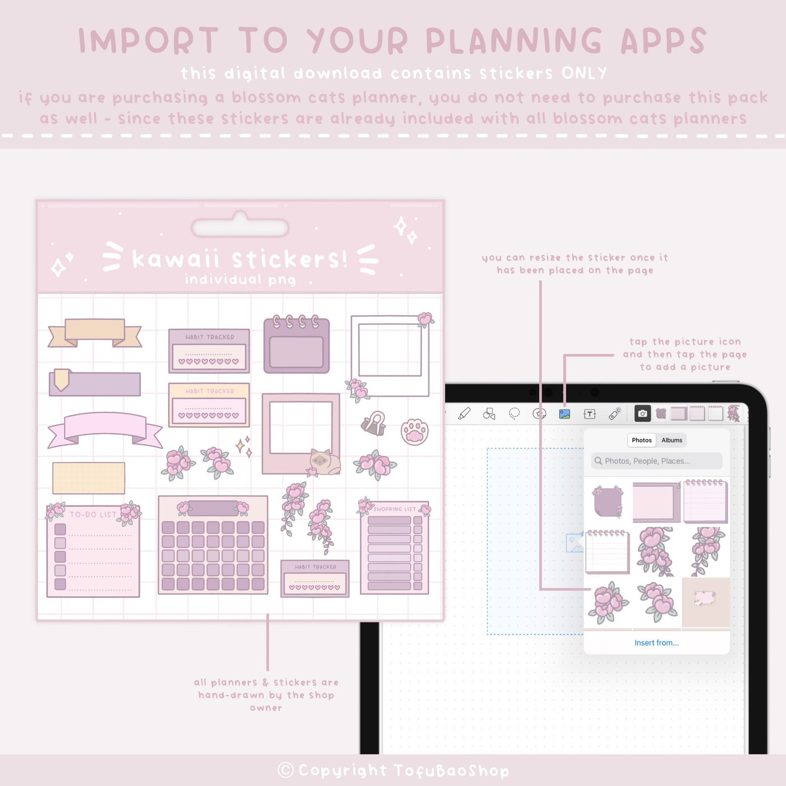 Digital Stickers Cute Kawaii Planner - Blossom Cats PNG Stickers - Etsy