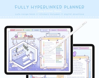 Puede incluir: Un planificador digital con un tema de cocina acogedora. El planificador tiene pestañas para el hogar, el desayuno, el almuerzo, la cena, el postre, los refrigerios y los favoritos. El planificador incluye una linda ilustración de una cocina con una mesa y sillas. El planificador también incluye una lista de recetas de postres con calificaciones.