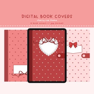 May include: Digital book covers in a cherry red theme. The covers feature heart and polka dot patterns, with a central cover showcasing a heart-shaped design with a pearl border and bow. The text reads "DIGITAL BOOK COVERS" and "6 book covers // jpg format."