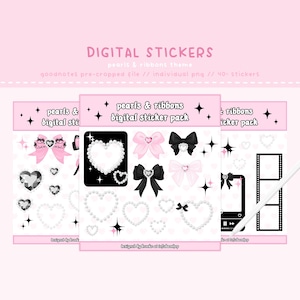 Könnte beinhalten: Ein digitales Sticker-Paket mit einem Perlen- und Schleifen-Thema. Das Paket enthält Bilder von Herzen, Schleifen, Sternen und anderen dekorativen Elementen. Die Sticker sind für die Verwendung in digitalen Planern und Notizbüchern konzipiert.