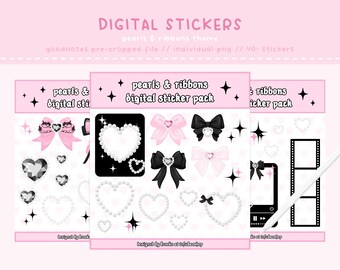 Ribbons and Pearls Digital Sticker Pack - Planner Stickers and Frames - Pink Black White Coquette Aesthetic