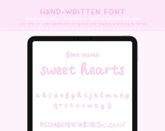 May include: A digital tablet screen displaying a pink handwritten font called "sweet hearts". The font includes lowercase letters, numbers, and symbols. The text "HAND-WRITTEN FONT" appears at the top of the screen.