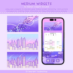 May include: A digital art graphic featuring three medium widgets for a phone. The widgets include a calendar, a cityscape, and a hand reaching out to a robotic hand. The background is a gradient of purple and pink.