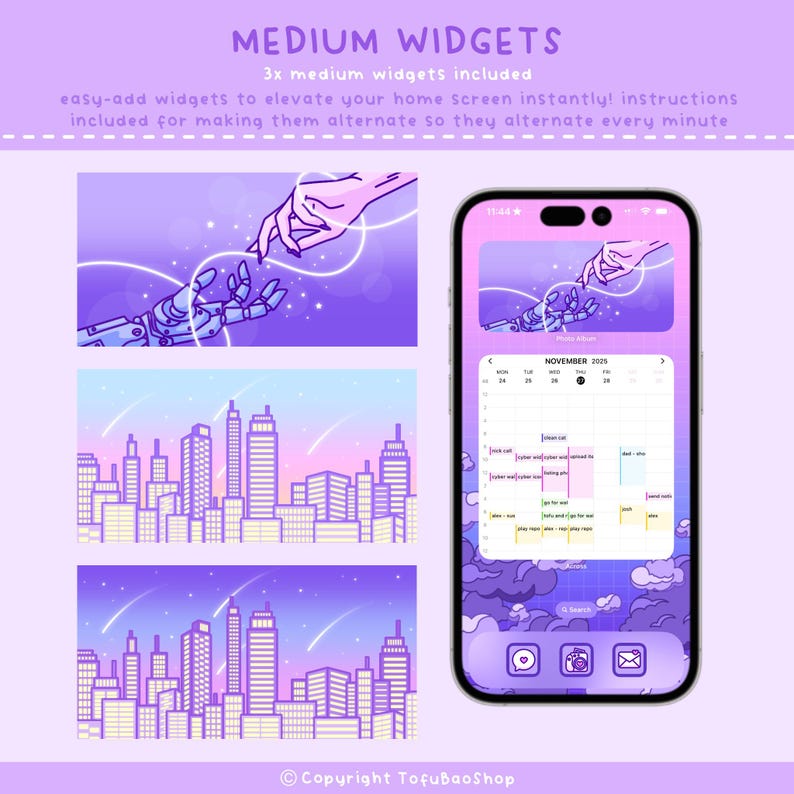 May include: A digital art graphic featuring three medium widgets for a phone. The widgets include a calendar, a cityscape, and a hand reaching out to a robotic hand. The background is a gradient of purple and pink.