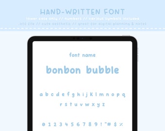 May include: A digital tablet screen displaying a font preview. The font name is "bonbon bubble" and is shown in light blue. The font includes lowercase letters, numbers, and symbols.