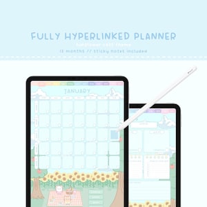May include: A digital planner app on an iPad with a sunflower and cat theme. The app features a monthly calendar view with a cute illustration of cats having a picnic in a sunflower field. The app also includes a sticky note section for taking notes.