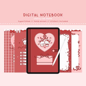Könnte beinhalten: Digitaler Notizbuchumschlag mit einem kirschroten Thema. Der Umschlag zeigt ein Herz mit zwei Kaninchen darin und einem Band. Der Text "DIGITAL NOTEBOOK" und "cherry red theme" befindet sich oben auf dem Umschlag. Der Text "hyperlinked // hand-drawn // stickers included" befindet sich unten auf dem Umschlag.