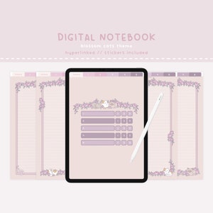 May include: Digital notebook planner with a blossom cat theme. The planner has a pink and white color scheme with a floral border and cute cat illustrations. The planner includes a weekly spread, a daily spread, and a notes section.
