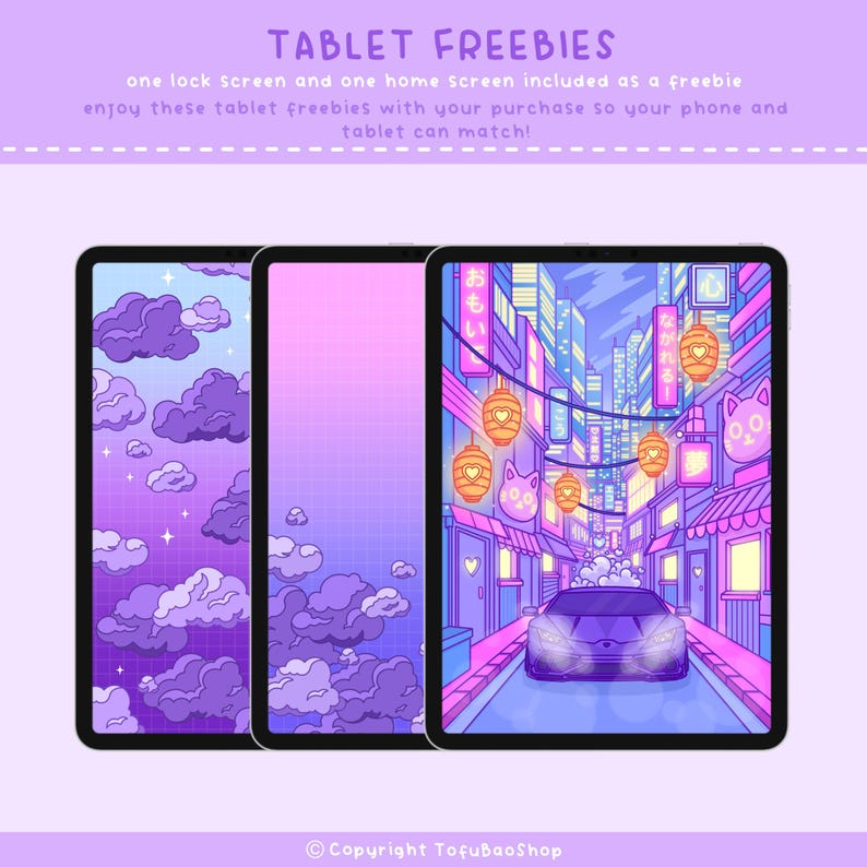 May include: Three tablets displaying digital art. The first shows purple clouds, the second a pink grid, and the third a city scene with a car. Text at the top reads "TABLET FREEBIES". The tablets are on a light purple background.