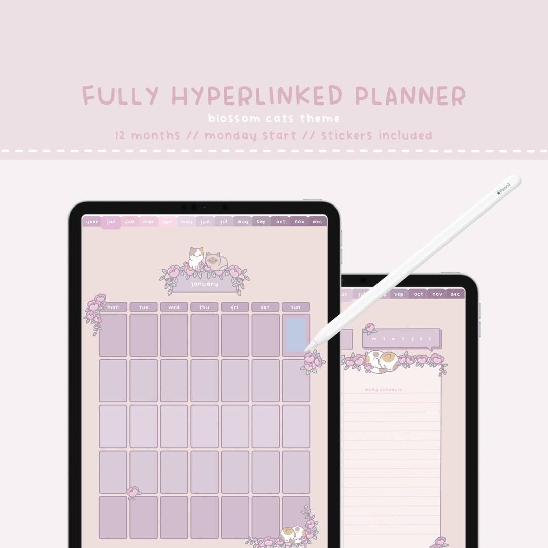 Blossom Cats Undated & Hyperlinked Planner - Kawaii Hand-drawn Digital ...