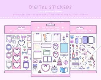 Puede incluir: Tres hojas de pegatinas digitales para un planificador con un tema acogedor. Cada hoja tiene un fondo rosa con lunares blancos y presenta una variedad de pegatinas, incluyendo corazones, lazos, un gato, un pastel, una botella de vino, una copa de vino, un calendario, un reloj, una carpeta, un cuaderno, un teléfono, unos auriculares y una cinta. El texto "THE COZY PLANNER EXTRA STICKER SHEET" está impreso en cada hoja.