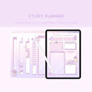 May include: A digital planner with a purple and pink colour scheme featuring a witchy cat theme. The planner includes a project planning page with sections for assignments, notes, and deadlines. The planner is designed for students and includes a variety of stickers.